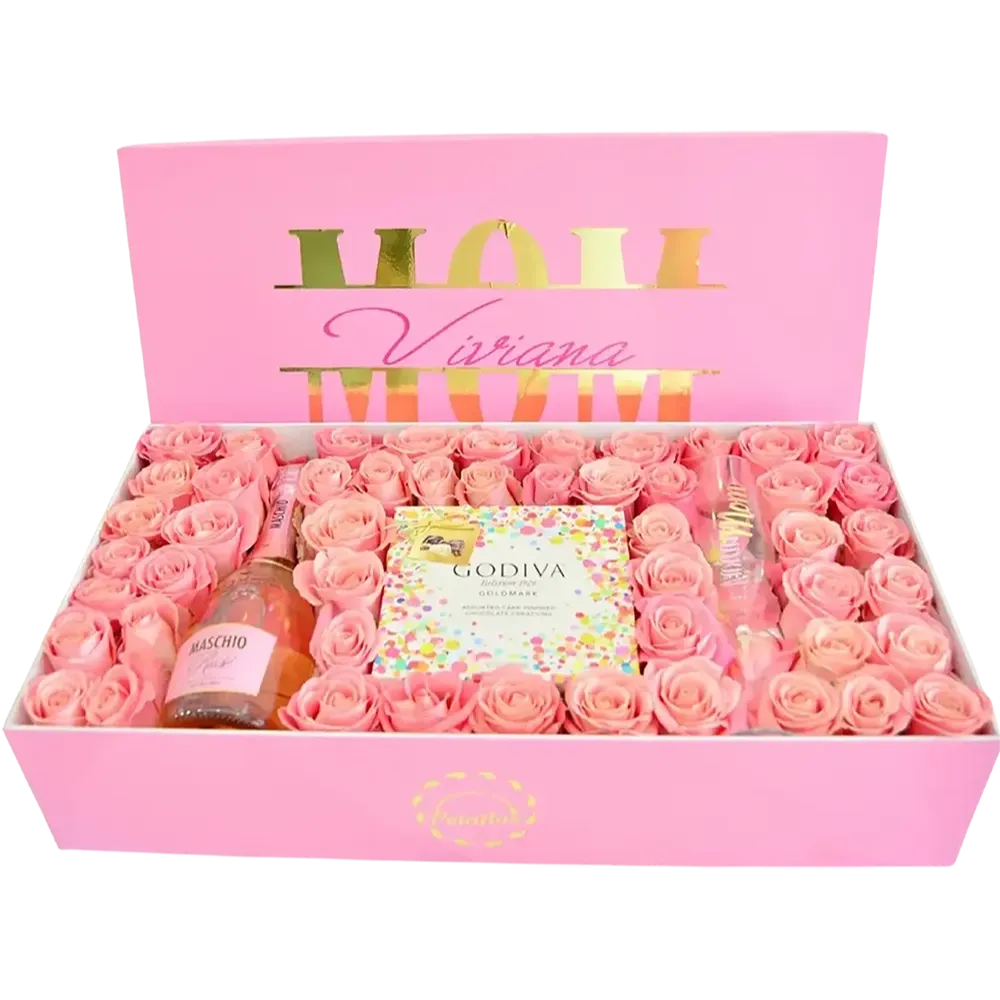 FB07: Caja rectangular rosa con 50 rosas, caja de chocolates Godiva y botella de vino Maschio Rosé.