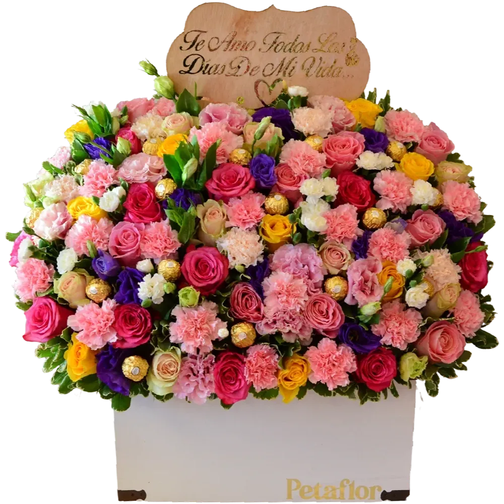 B01: Baúl de madera blanco con mix de rosas, claveles y chocolates Ferrero.