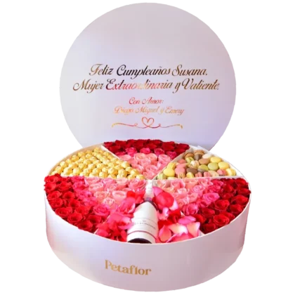 BF01: Caja circular gigante segmentada con 80 rosas, chocolates Ferrero, macarons y vino Möet Rosé.