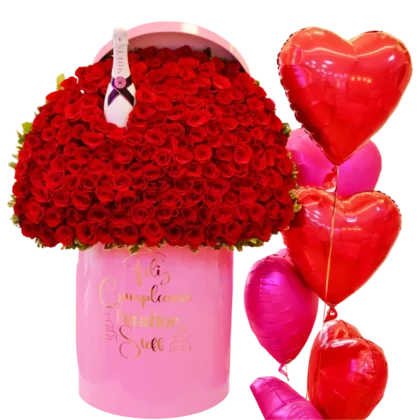 BF02: Arreglo masivo de 150 rosas rojas en caja alta con botella de Möet Rosé y arreglo de globos.