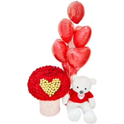 BF03: Caja circular alta con 125 rosas rojas, oso de peluche blanco y globos de corazón.