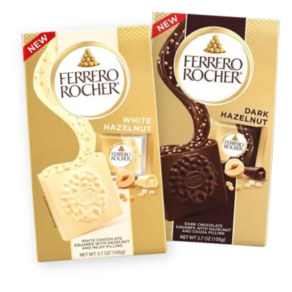 C05: Barras de chocolate Ferrero Rocher rellenas de avellana, chocolate blanco y chocolate amargo.