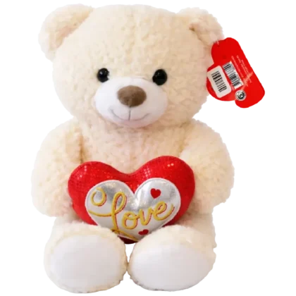 C07: Oso de peluche blanco pequeño con corazón rojo brillante que dice "Love".