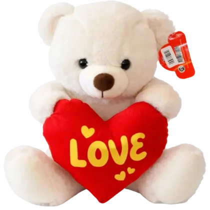 C08: Oso de peluche blanco con corazón de peluche rojo que dice "LOVE" bordado.
