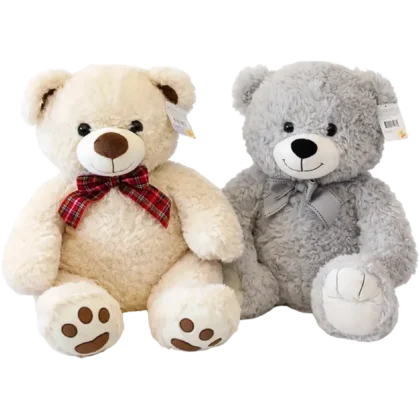 Dos osos de peluche medianos (color blanco y gris) con corbatín de cuadros rojos.