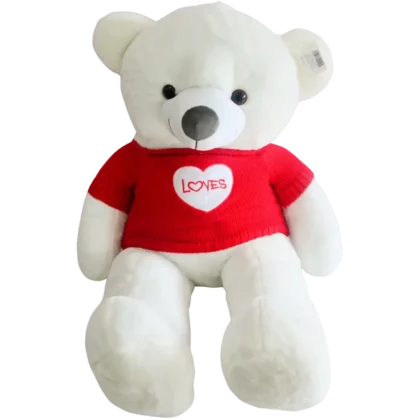 C14: Oso de peluche blanco gigante con suéter rojo tejido que dice "Loves" al centro.