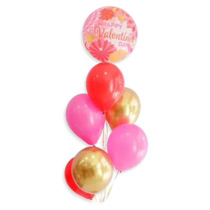 C16: Ramillete de globos decorativos en tonos rosa, rojo y dorado con mensaje Happy Valentine's Day.