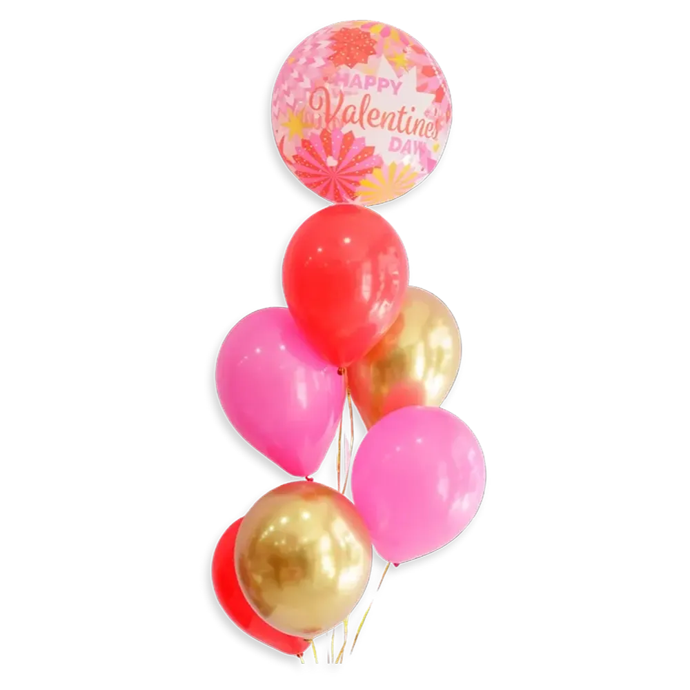 C16: Ramillete de globos decorativos en tonos rosa, rojo y dorado con mensaje Happy Valentine's Day.