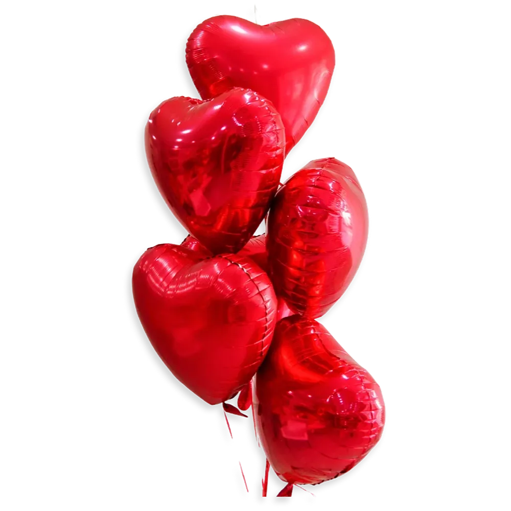 C17: Set de 5 globos metálicos en forma de corazón color rojo vibrante inflados con helio.