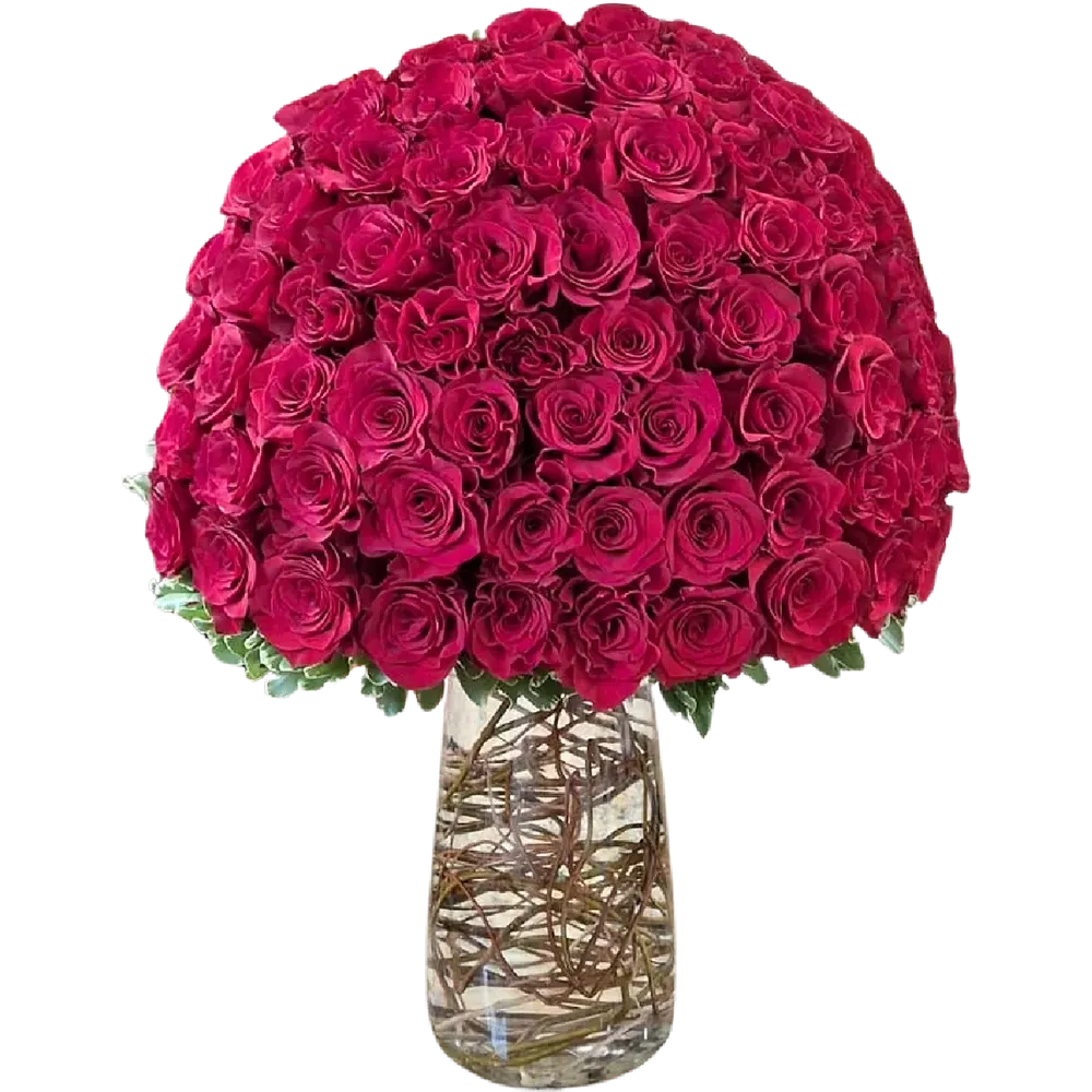 CR05: Florero de cristal grande con más de 60 rosas rojas premium y follaje de eucalipto.