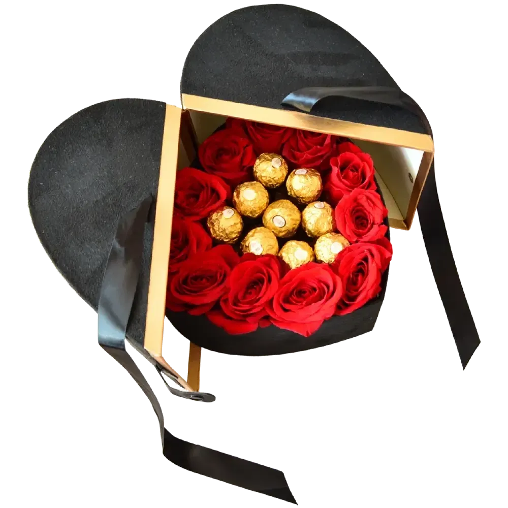 CZ02: Caja de corazón de terciopelo negro con rosas rojas y chocolates Ferrero Rocher.