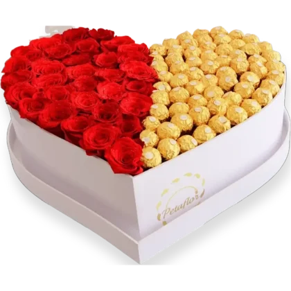 Caja de corazón blanca dividida con rosas rojas y selección de chocolates Ferrero