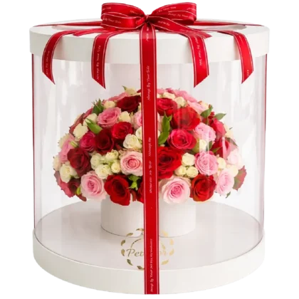 FB05: Caja circular transparente de PVC con mix de rosas rosadas y flores de lisianthus.