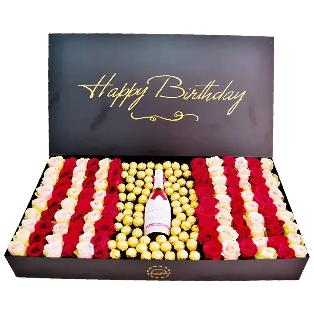 Caja rectangular negra con 100 rosas en franjas blancas y rojas con Möet central.