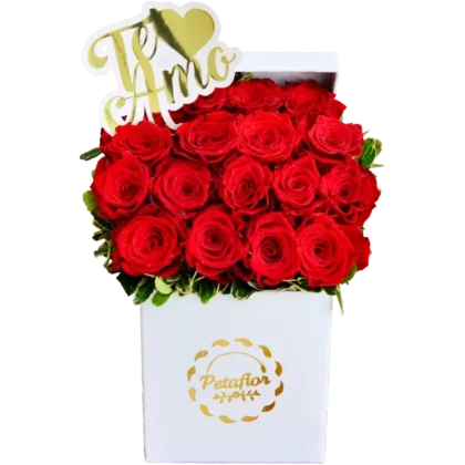 MF03: Caja blanca pequeña con 15 rosas rojas y topper decorativo "Te Amo".