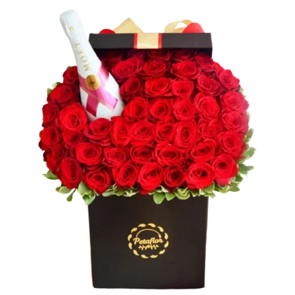 MF08: Caja negra con 40 rosas rojas y botella de Moët & Chandon Rosé Imperial.