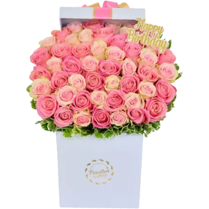MF09: Caja cuadrada blanca con 50 rosas en diferentes tonos de rosa degradados.