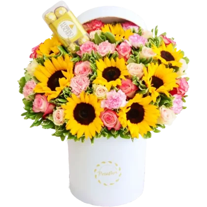 MF18: Mix floral de rosas, girasoles y claveles en caja circular blanca con chocolates Ferrero.