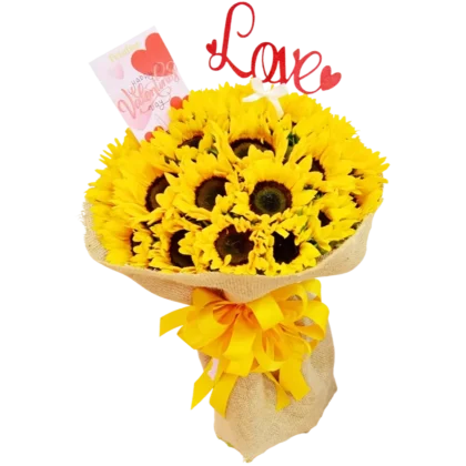 R06: Ramo de 36 girasoles premium envueltos en tela de yute con lazo amarillo.