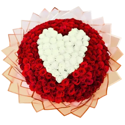 R09: Ramo espectacular de 200 rosas formando un corazón rojo con borde de rosas rosadas.