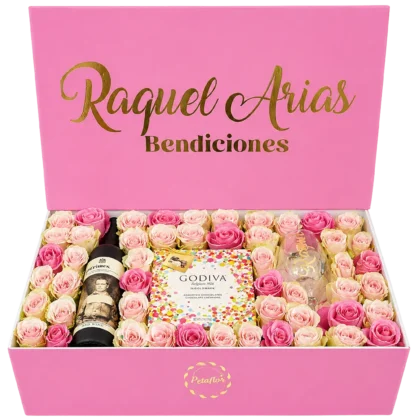 EX01 - Caja Personalizada 50 Rosas, Vino 19 Crimes, Copa y Godiva