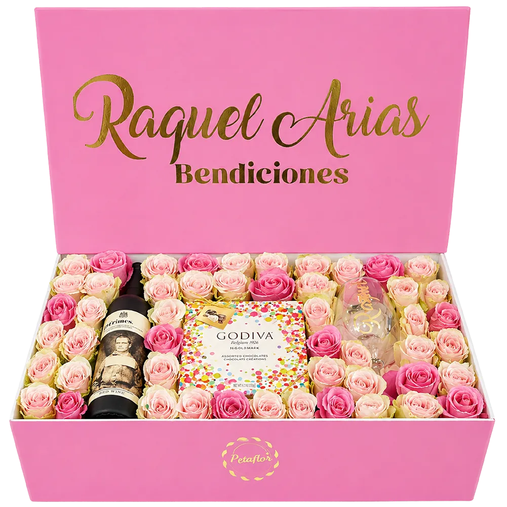 EX01 - Caja Personalizada 50 Rosas, Vino 19 Crimes, Copa y Godiva