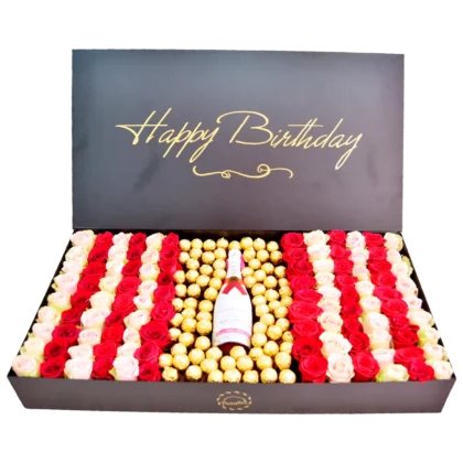 EX04 - Caja Personalizada 108 Rosas Importadas, Ferrero Rocher y Moët Rose