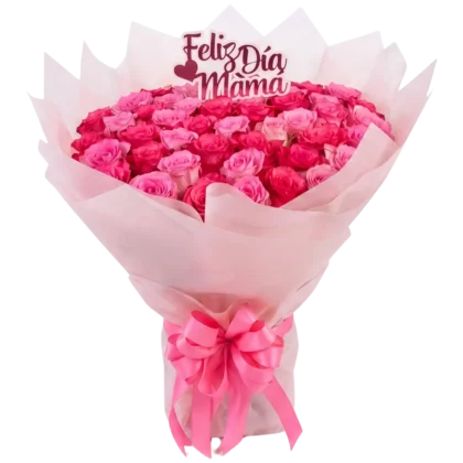R06 - Ramo de 50 Rosas Rosadas con Topper Feliz Día Mamá