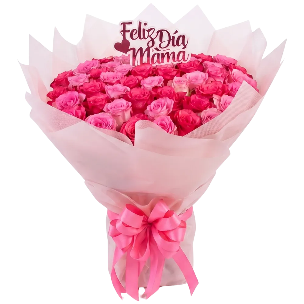 R06 - Ramo de 50 Rosas Rosadas con Topper Feliz Día Mamá